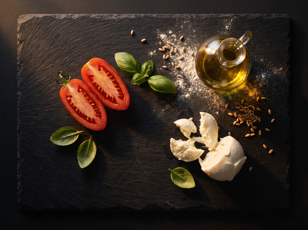Tomates, basilic, mozzarella et huile d'olive sur ardoise